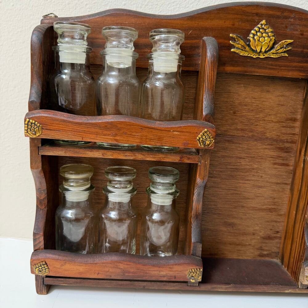 Vintage Mid-Century Wooden Apothecary Spice Rack Wall Mount with Glass Bottles - Picture 3 of 10